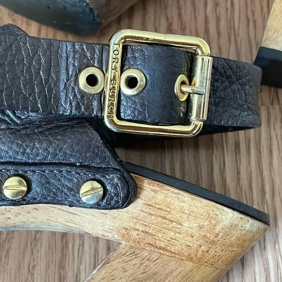 Tory Burch Women Heel Sandal Shoes Dark Brown Leather Upper Wood Heel Size 6 - Picture 9 of 12